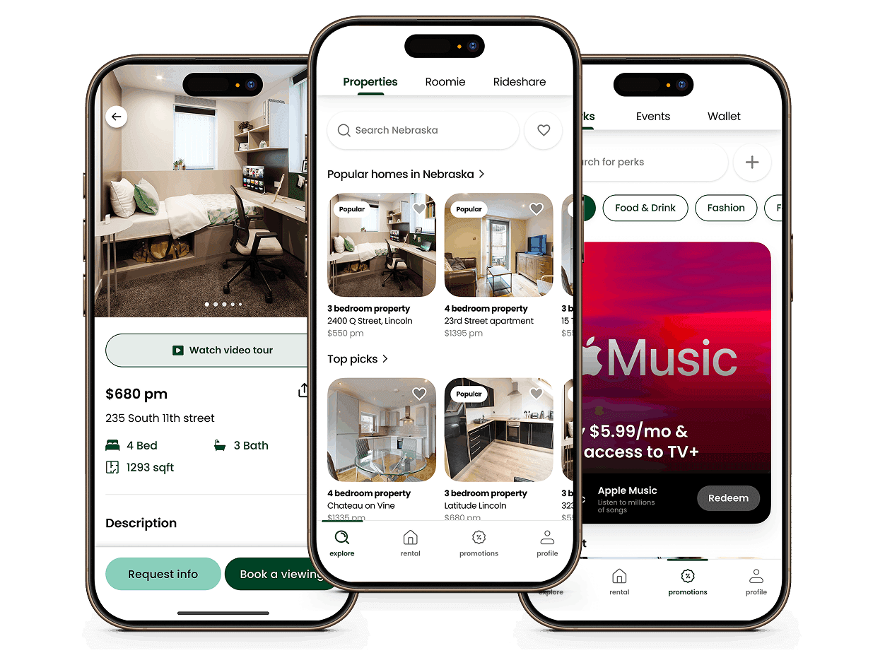 Housr app preview showing the home, rental, and perks screens